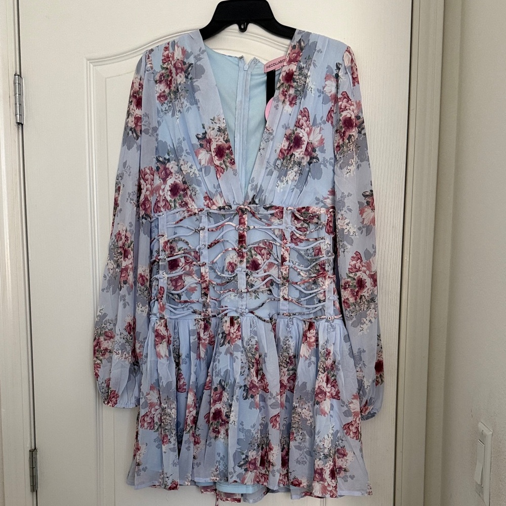 Chic Floral Long Sleeve Dress in Blue and Pink